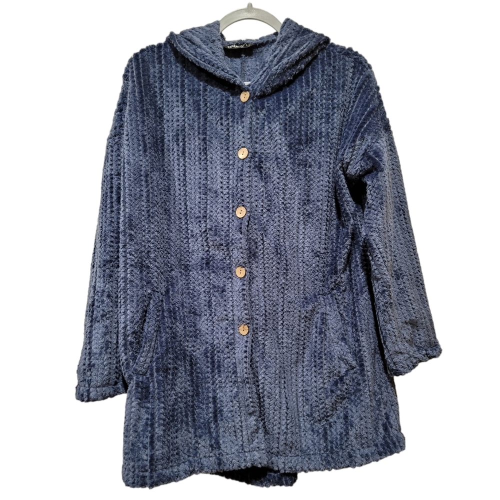 Izuria 5 Button Down Long Sleeve Blue Hooded Jacket with Pockets, Size Large